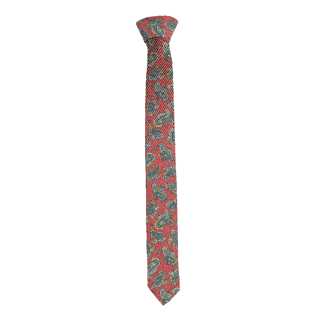 [T-55-M-60-6501] Krawatte aus Seide, Breite: 55, Stoff: kleines Paisley in blau, gelb und grün auf bordeauxrot (6501) (Standardlänge (150))