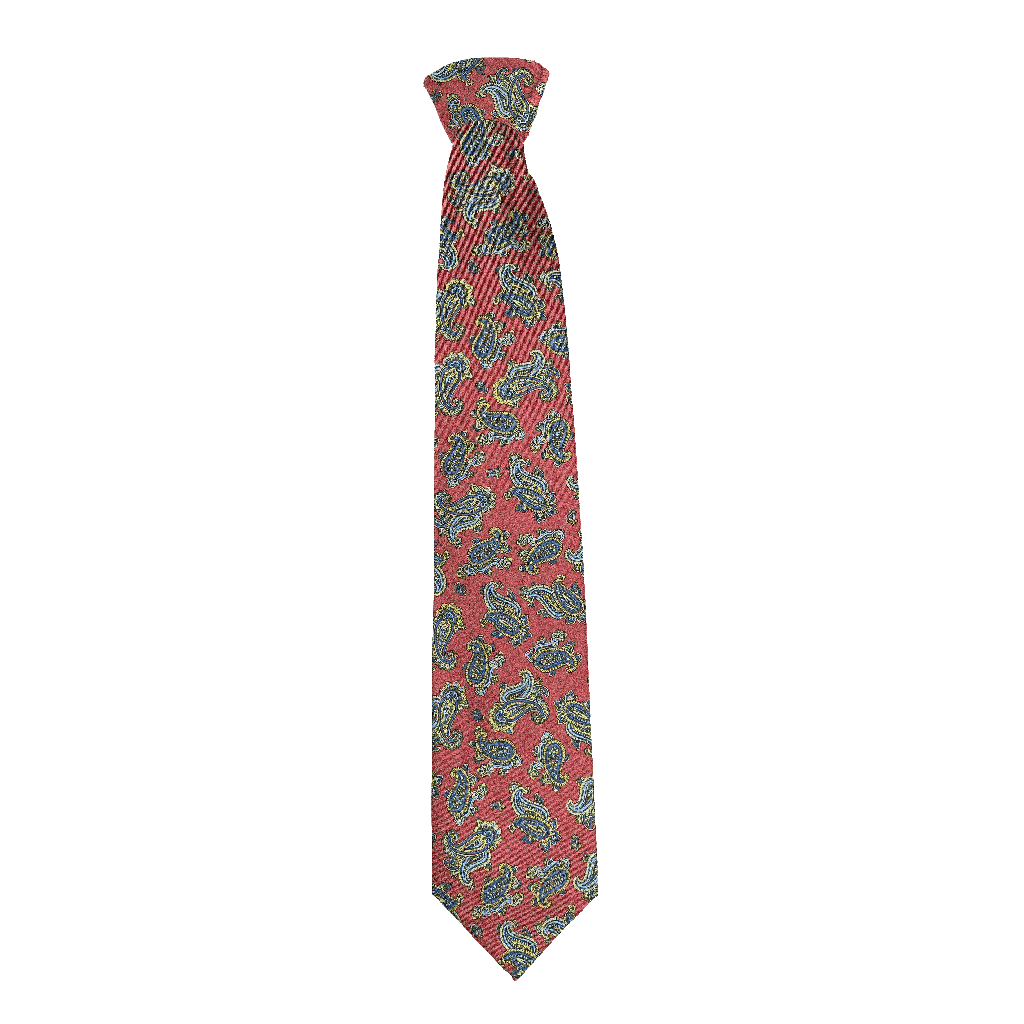 [T-85-M-60-6501] Krawatte aus Seide, Breite: 85, Stoff: kleines Paisley in blau, gelb und grün auf bordeauxrot (6501) (Standardlänge (150))
