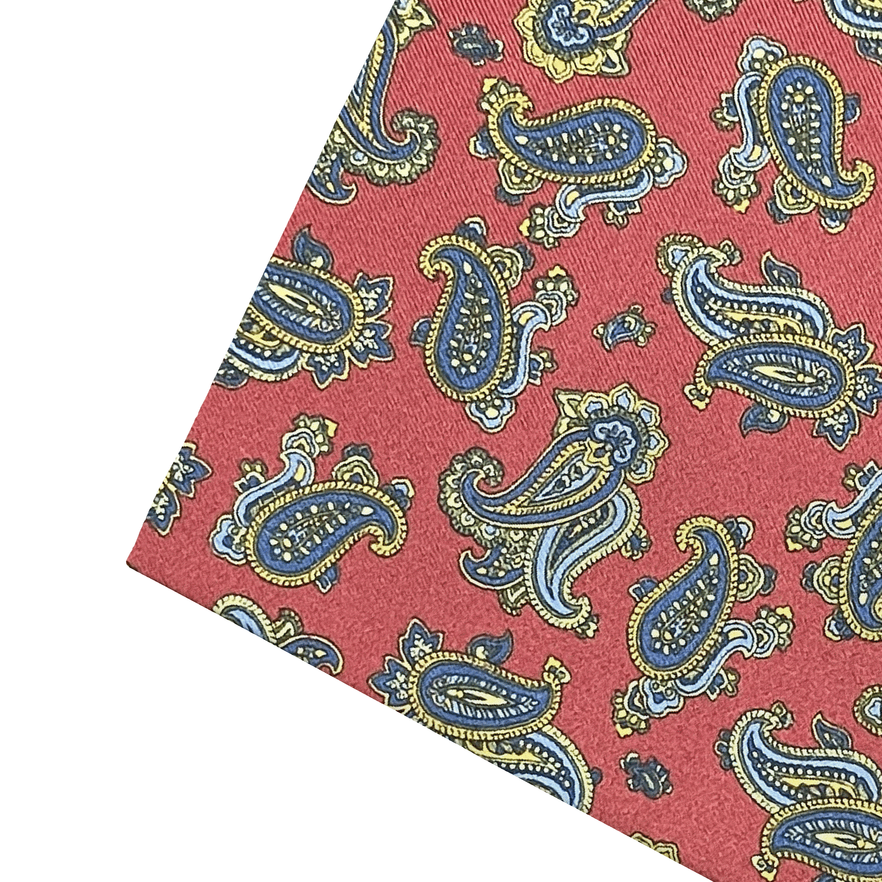 Ziertuch aus Seide, 30 x 30 cm, Stoff: kleines Paisley in blau, gelb und grün auf bordeauxrot (6501)