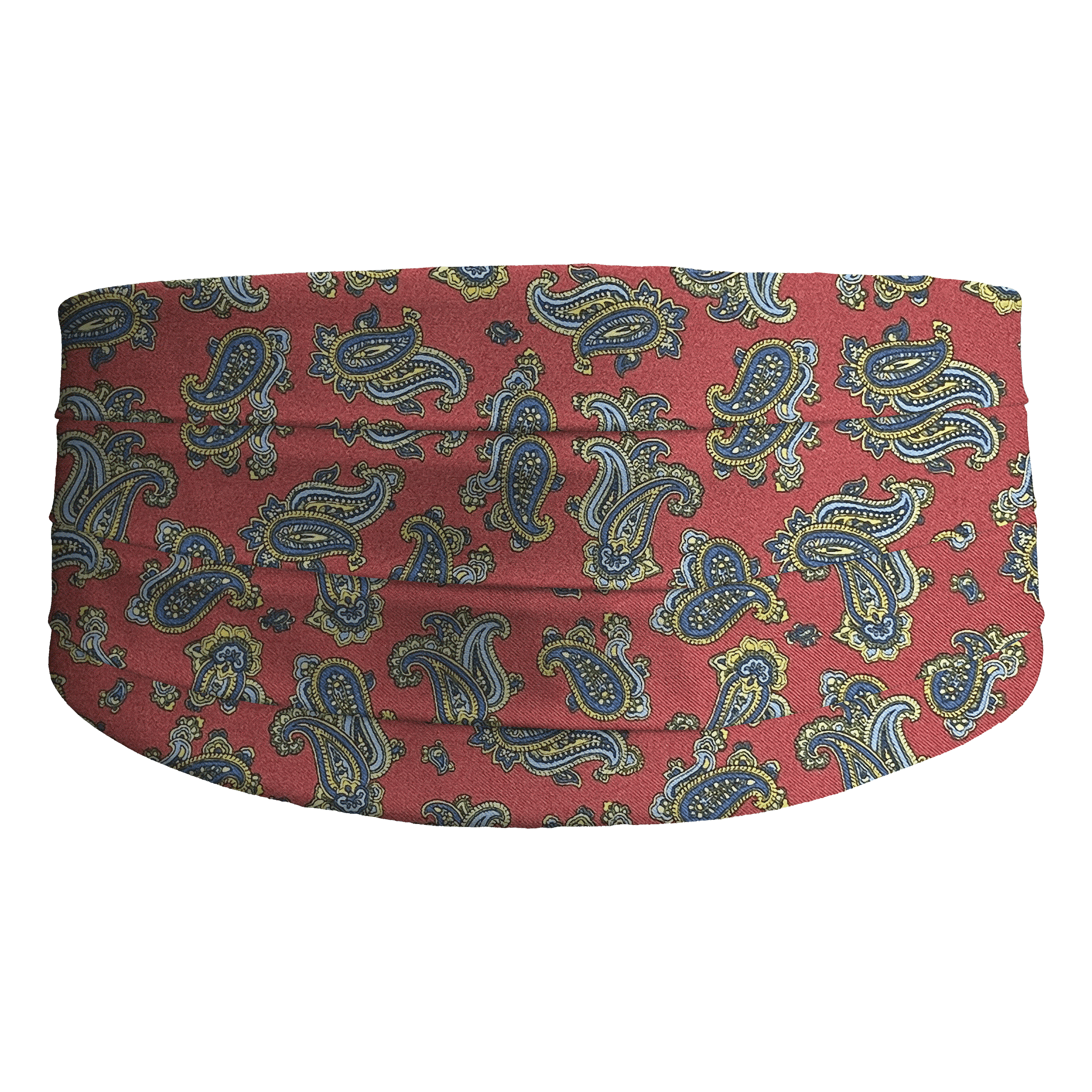 Kummerbund aus Seide, Stoff: kleines Paisley in blau, gelb und grün auf bordeauxrot (6501)
