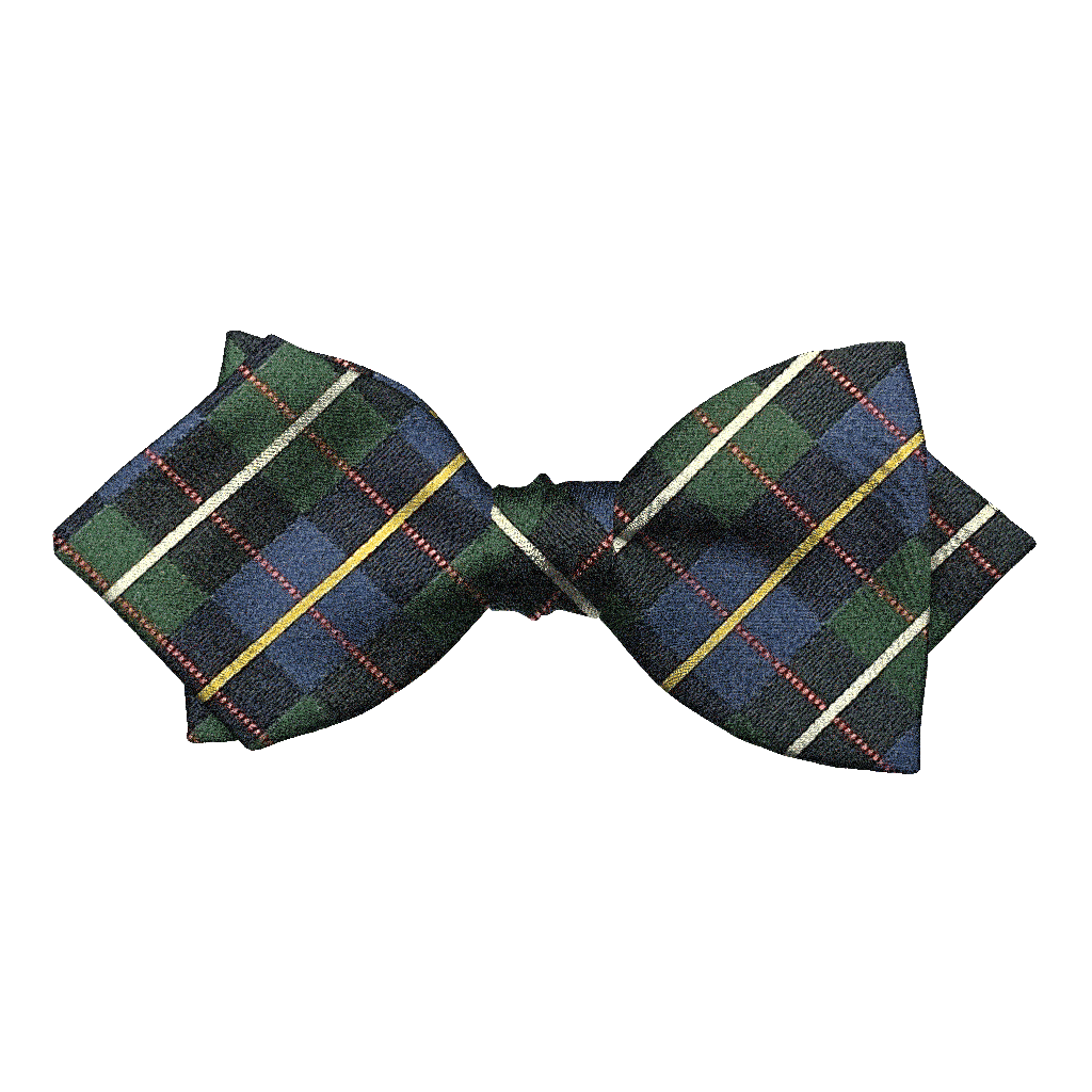 [BT-P-60-E-70-7288] Schleife aus Seide, Form: spitz, Höhe: 60, Stoff: geometrisch gemustert in dunkelblau und grün (7288) (EASY: vorgebunden mit verstellbarer Größe)