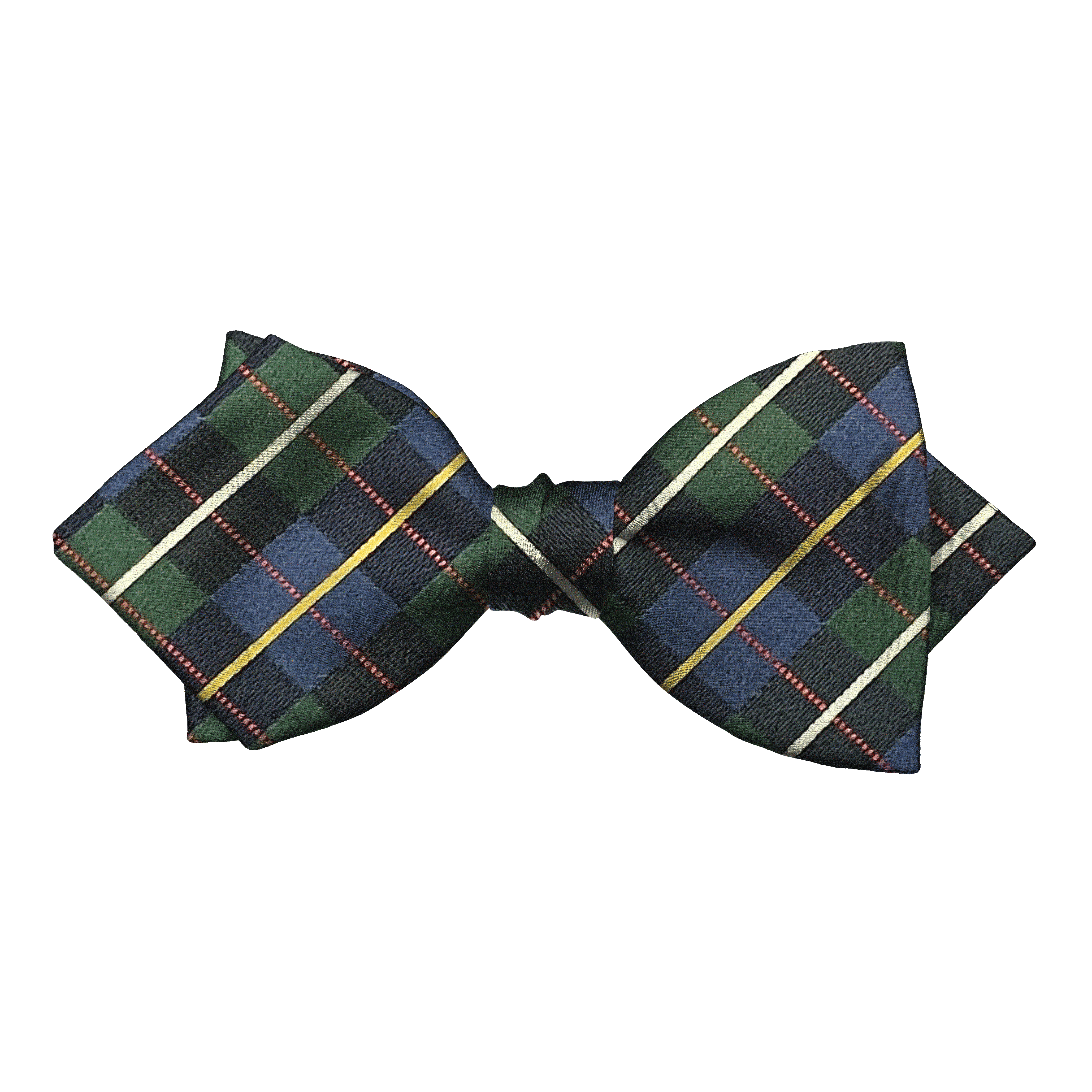 Schleife aus Seide, Form: spitz, Höhe: 60, Stoff: geometrisch gemustert in dunkelblau und grün (7288)