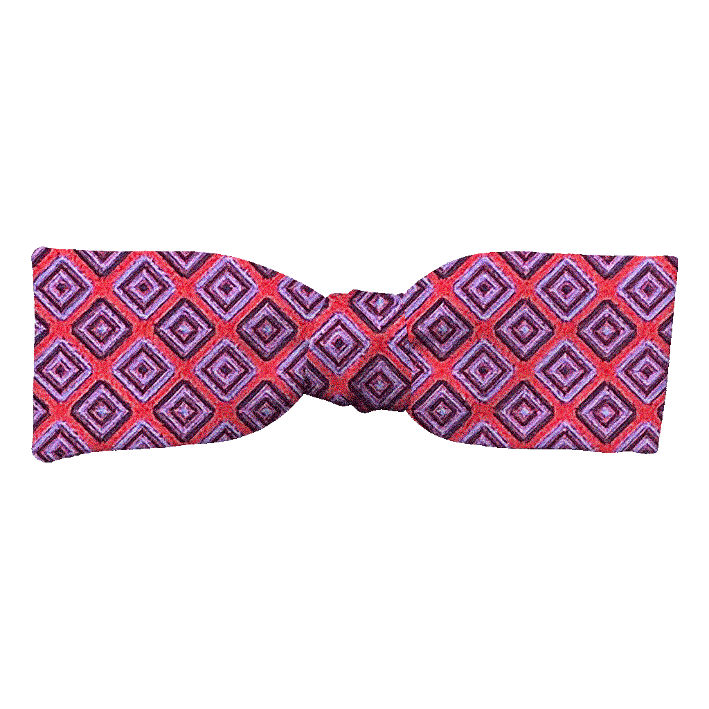 [BT-S-35-E-70-7372] Schleife aus Seide, Form: gerade, Höhe: 35, Stoff: geometrisch gemustert schwarz und blau auf rot (7372) (EASY: vorgebunden mit verstellbarer Größe)