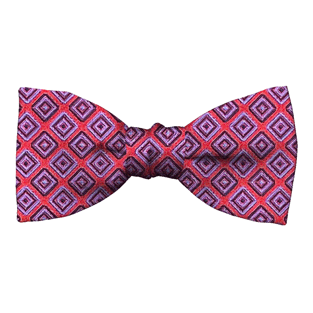 [BT-S-50-E-70-7372] Schleife aus Seide, Form: gerade, Höhe: 50, Stoff: geometrisch gemustert schwarz und blau auf rot (7372) (EASY: vorgebunden mit verstellbarer Größe)