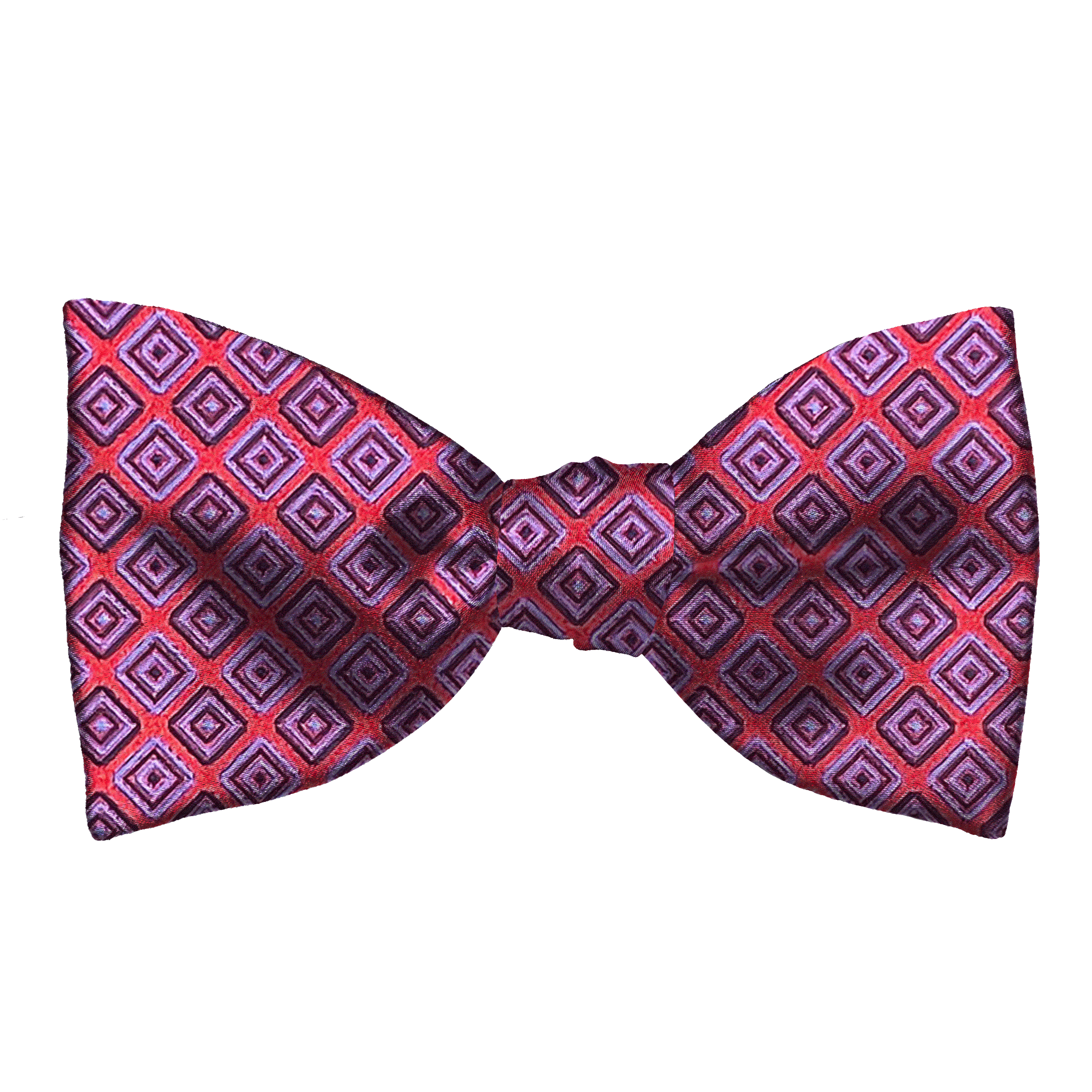 Schleife aus Seide, Form: gerade, Höhe: 65, Stoff: geometrisch gemustert schwarz und blau auf rot (7372)