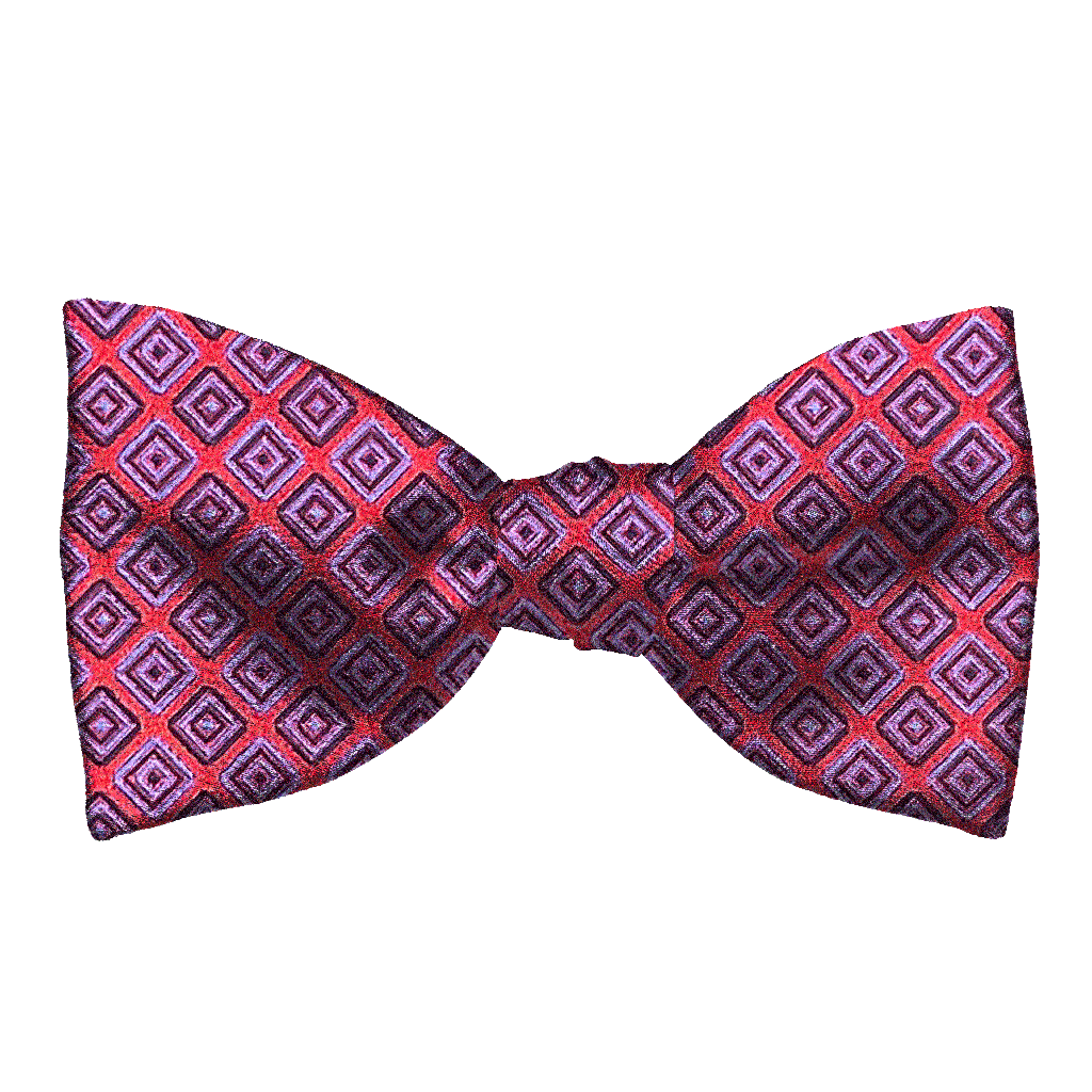 [BT-S-65-E-70-7372] Schleife aus Seide, Form: gerade, Höhe: 65, Stoff: geometrisch gemustert schwarz und blau auf rot (7372) (EASY: vorgebunden mit verstellbarer Größe)