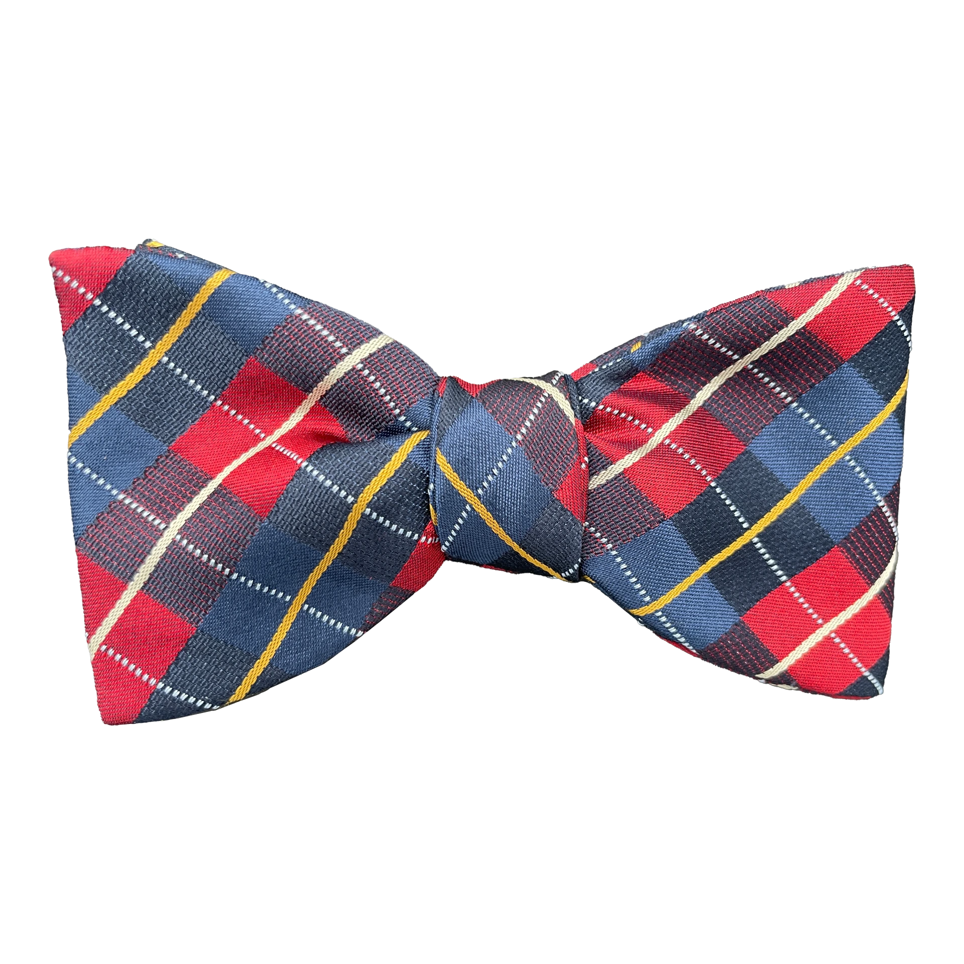 [BT-S-65-E-70-7289] Schleife aus Seide, Form: gerade, Höhe: 65, Stoff: geometrisch gemustert in dunkelblau und rot (7289) (EASY: vorgebunden mit verstellbarer Größe)